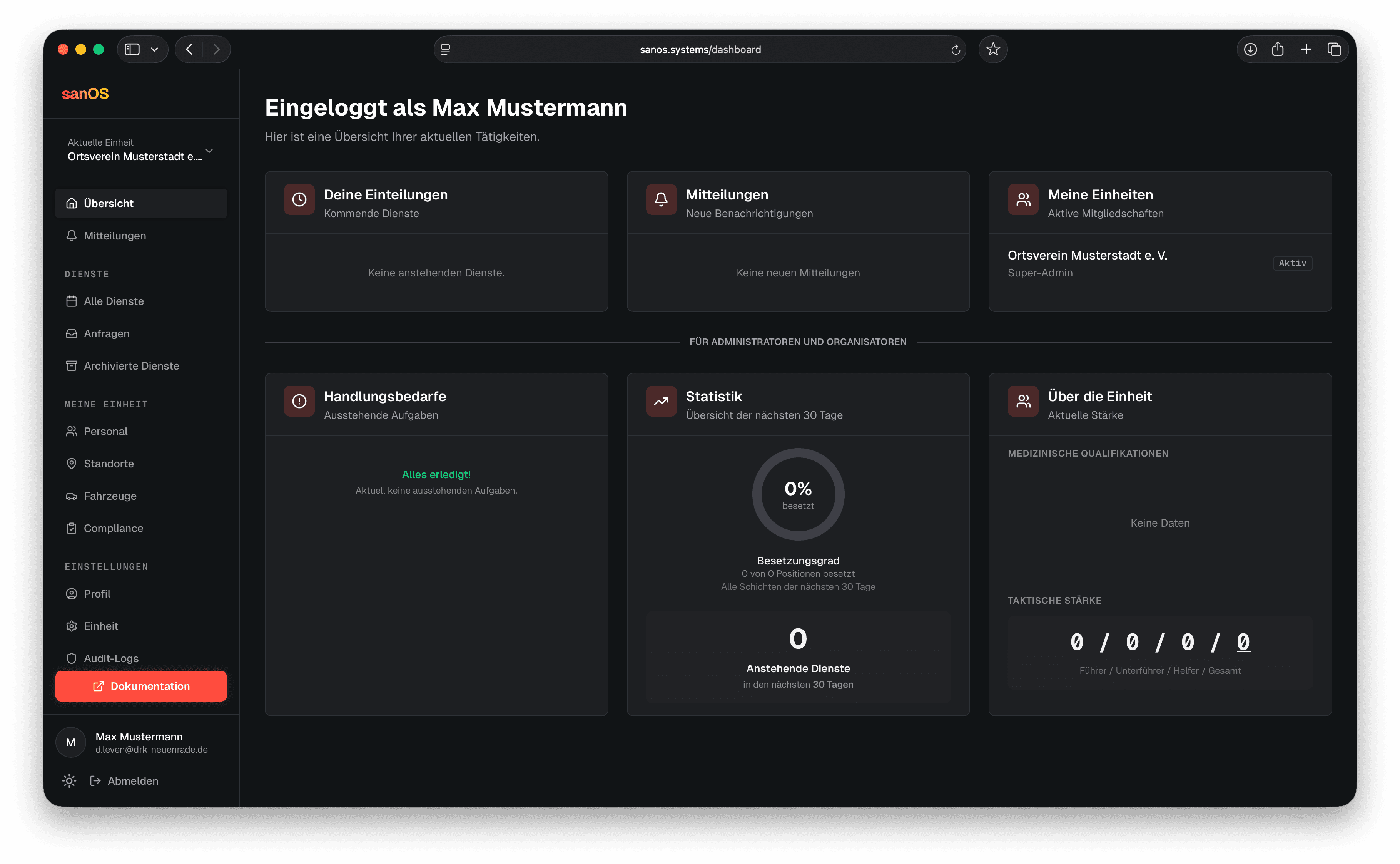 sanOS Dashboard – Startseite