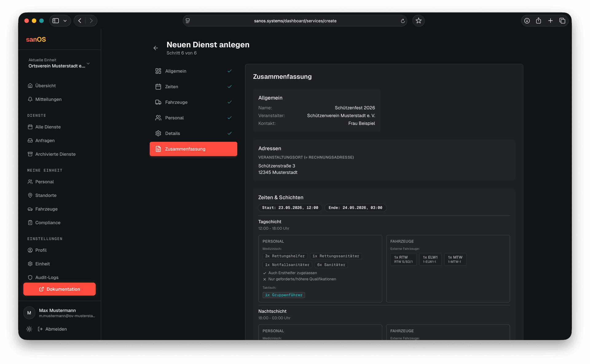 Neuen Dienst anlegen – Wizard in sanOS