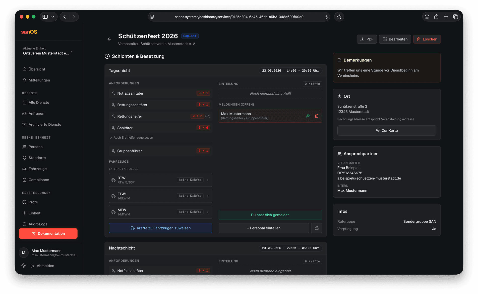 Dienst-Details: Schichten & Besetzung in sanOS